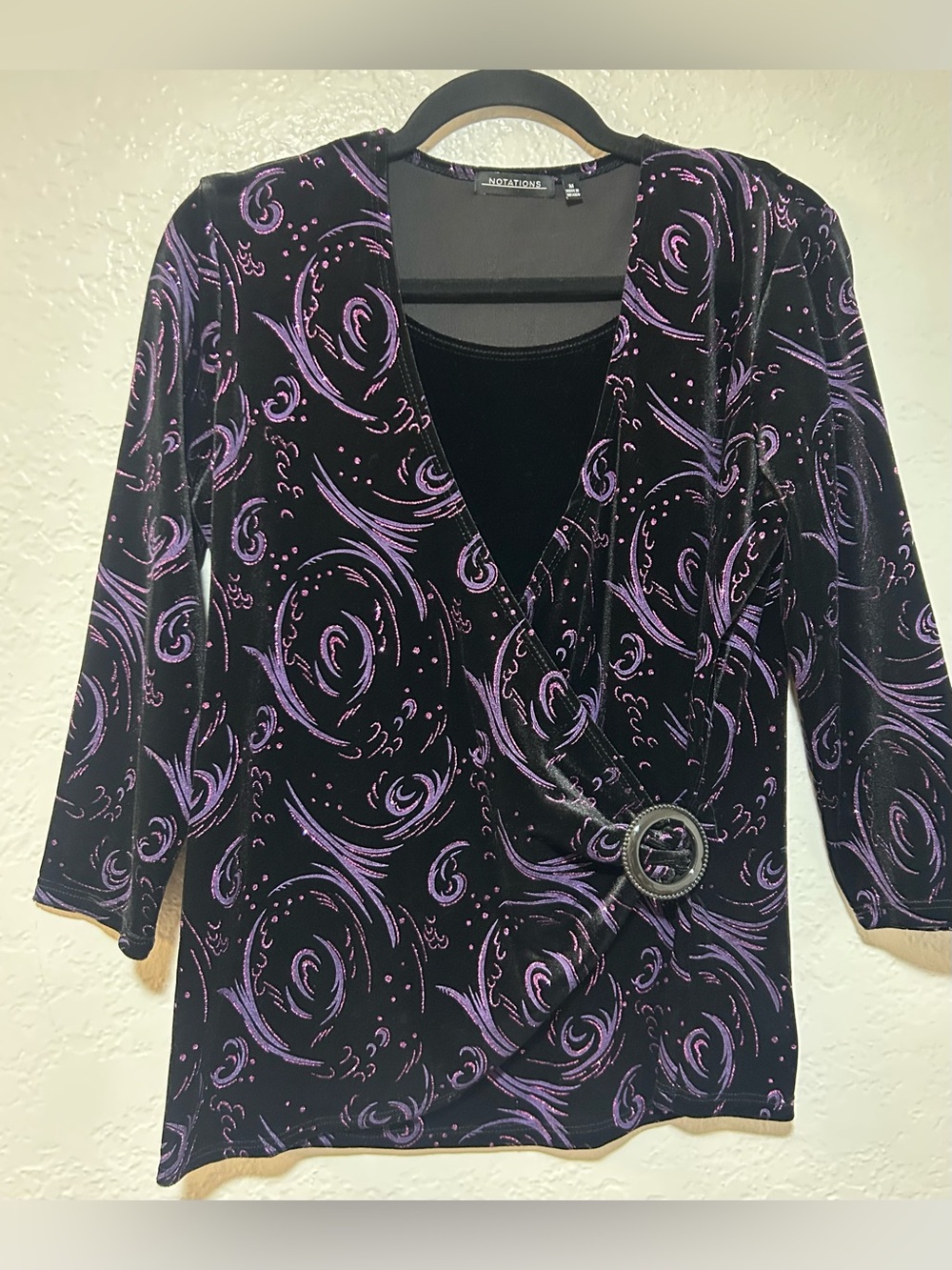 Notations Black Velvet Surplice Top with Purple Swirl Accent
